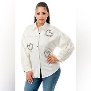 Heart Embellished Denim Shacket in White NWT